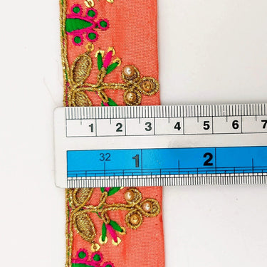 Orange Art Silk Trim In Green And Gold Embroidery, Approx. 32mm wide, Decorative Trim